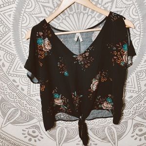Floral tie navy blouse
